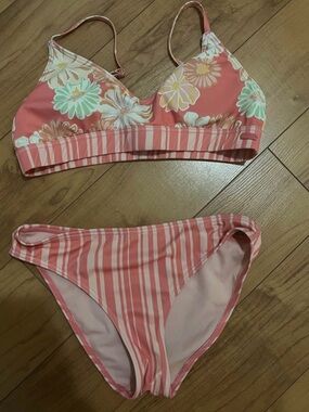 Roxy Pink Floral & Stripe Girls Two-Piece Swim Set
